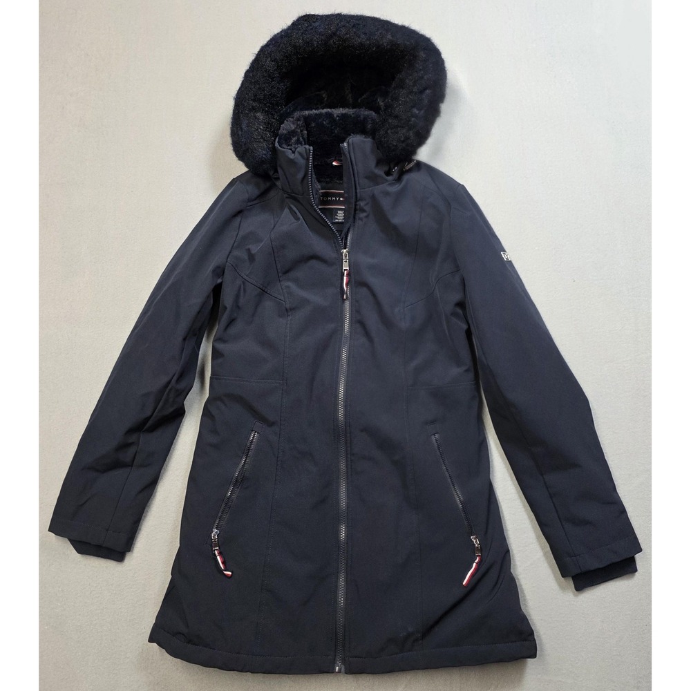 Tommy Hilfiger Parka Jacket Women XS Navy Blue Faux Fur Lined Winter Hooded Coat